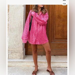 Pink sequin shirt dress